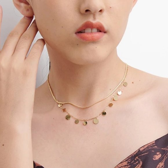 New 18K Gold Plated Coin Drop Double Layer Herringbone Necklace - Picture 6 of 7